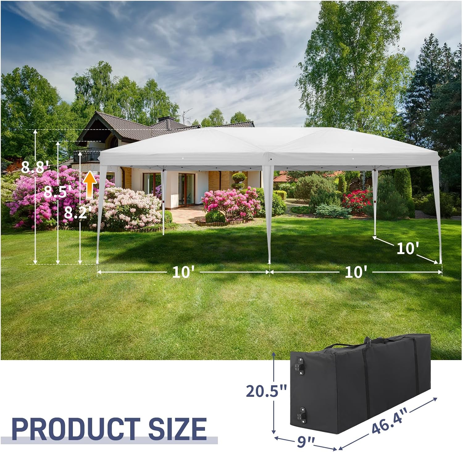 VINGLI 10x10 Pop Up Canopy Tent with Carry Bag and Sandbags, Outdoor Gazebo Canopy 10x10 Party Tent Commercial for Party, Event (White, 10x20ft)