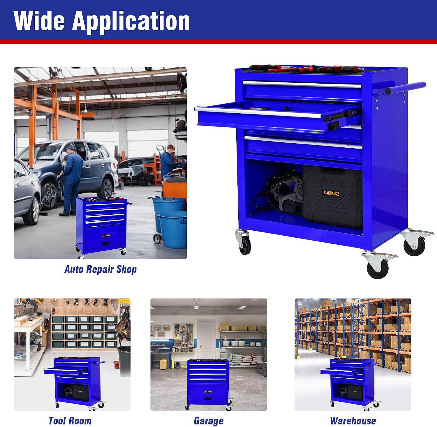 4 Drawers Tool Cart on Wheels, 4 Drawer Rolling Tool Chest, Trolley Organizer Tool Box Tool Case with 1 Cabinet, Multifunctional Tools Case for Garage,Warehouse,Workshop,Repair Shop (Blue)