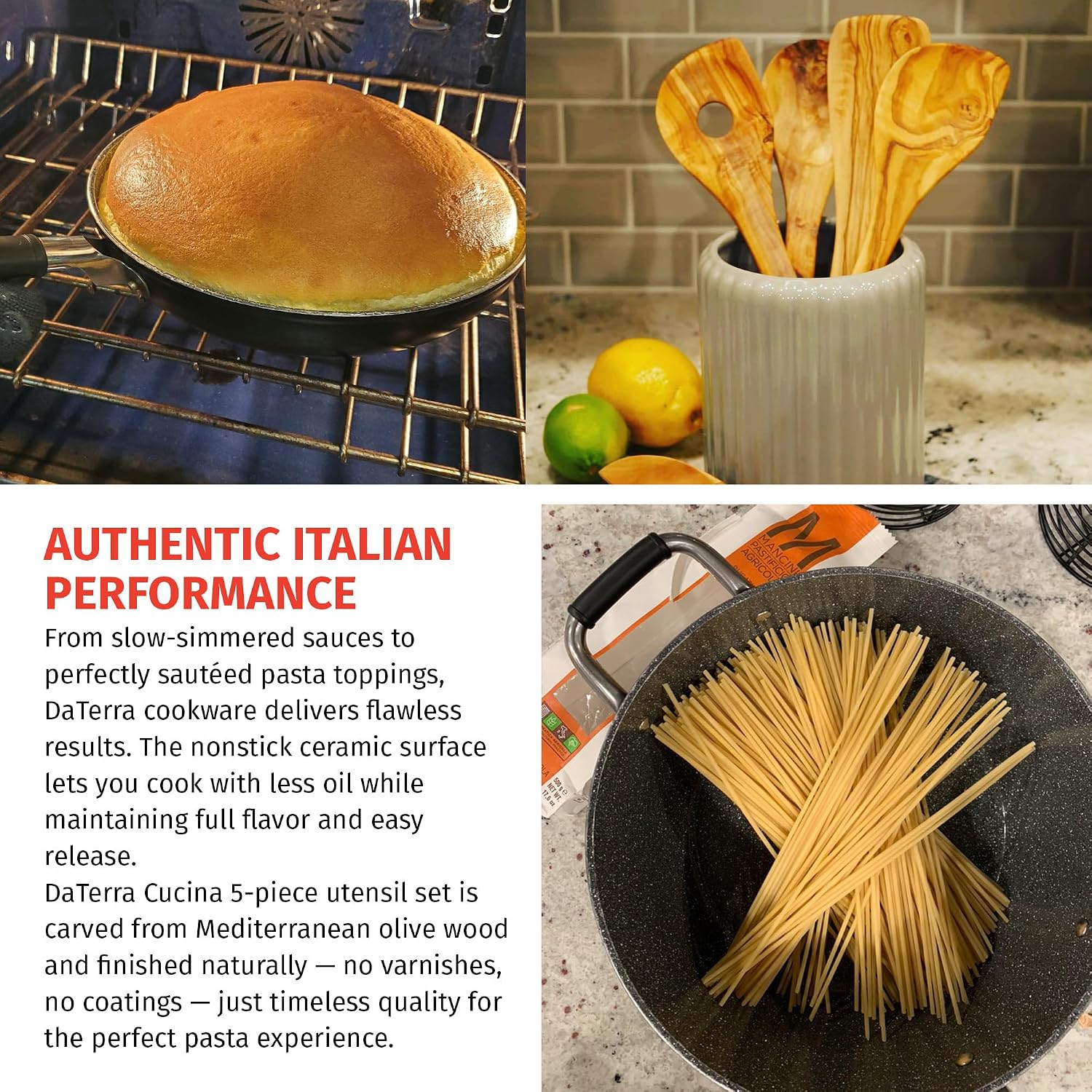 DaTerra Cucina Nonstick Large Pasta Bundle – Induction Compatible Ceramic Coated Non Stick Frying Pan & Dutch Oven Set w/Olive Wood Utensils - Ideal for Frying, Sautéing & Roasting - Made in Italy