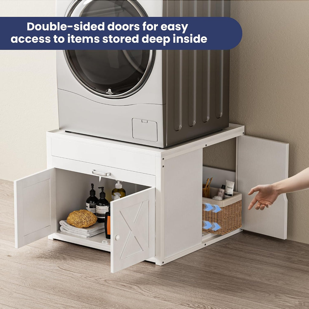 DTK Washer and Dryer Pedestals, Washing Machine Stand with Laundry Basket Shelf, Universal Fit Laundry Pedestals with Hidden Storage and Three Side Doors, 800LBS Capacity