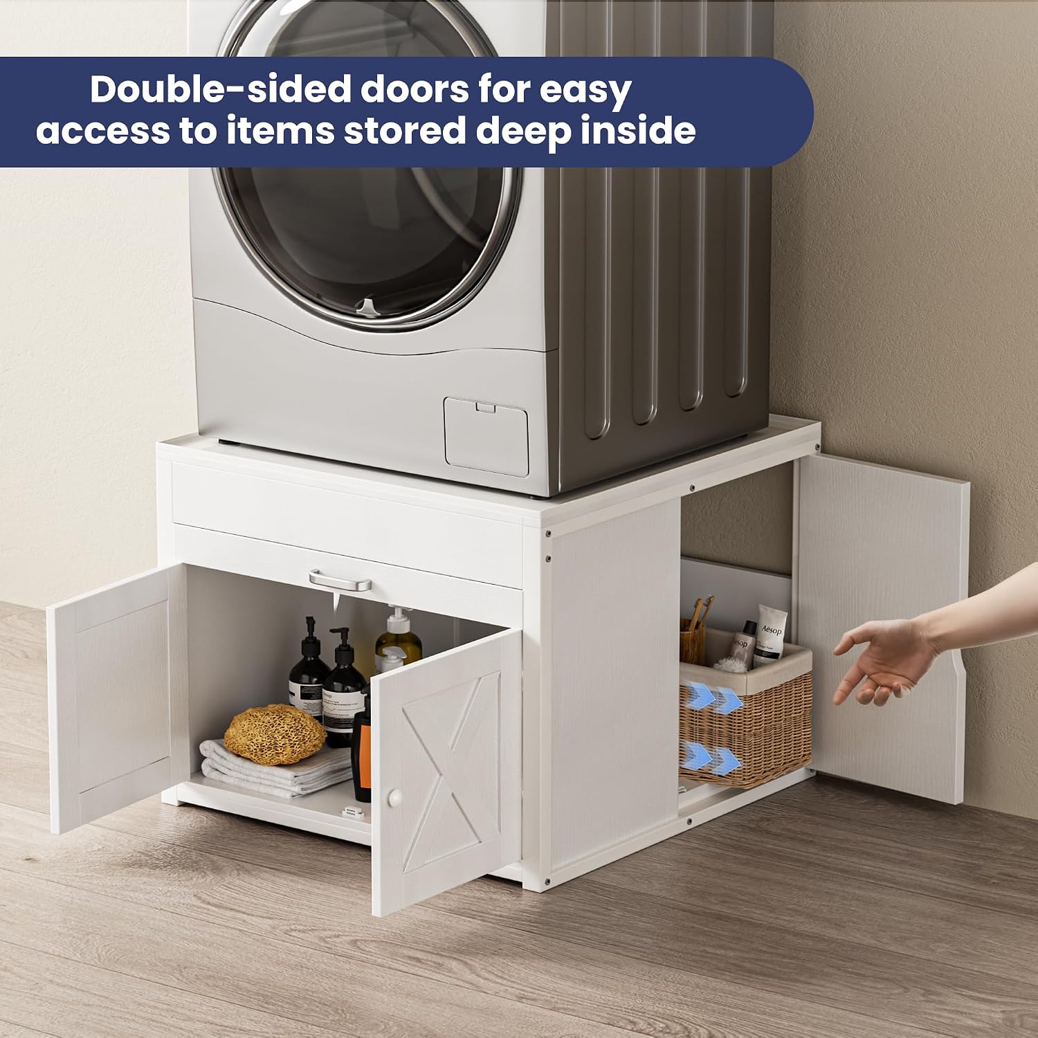 DTK Washer and Dryer Pedestals, Washing Machine Stand with Laundry Basket Shelf, Universal Fit Laundry Pedestals with Hidden Storage and Three Side Doors, 800LBS Capacity