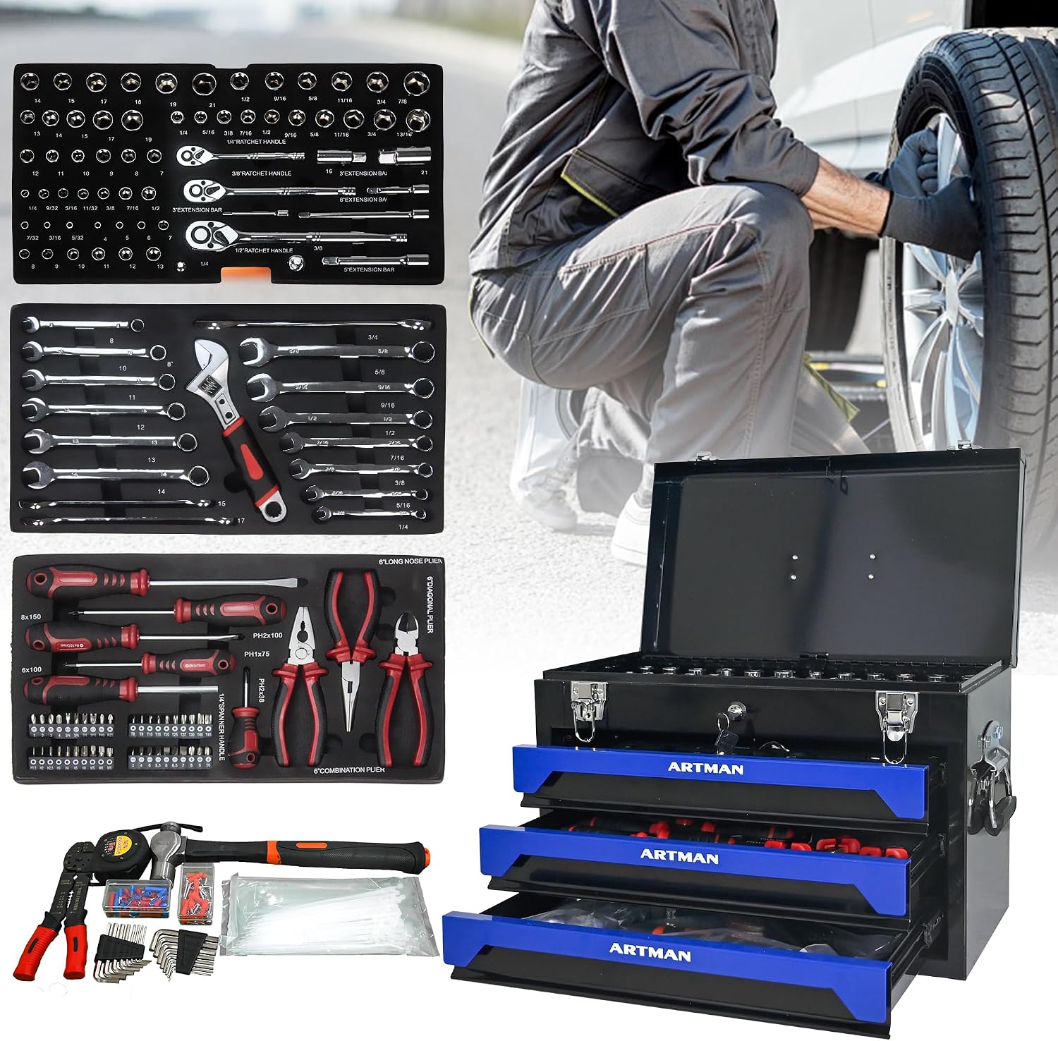 20' Portable Tool Box with Key Lock, 439 Piece Mechanics Tool Set, 3 Drawers & Top Storage Tray Toolbox with Metal Latches & Carrying Handle for Garage, Warehouse, Repair Shop & Home (Blue)