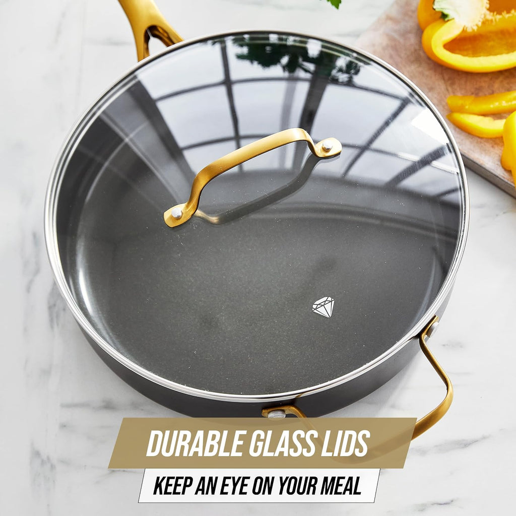 Blue Diamond Gold 12 Piece Cookware Set, PFAS-Free Ceramic Nonstick Pots & Pans, Induction Ready for All Cooktops, Kitchen Serving Utensils, Dishwasher Safe, Black