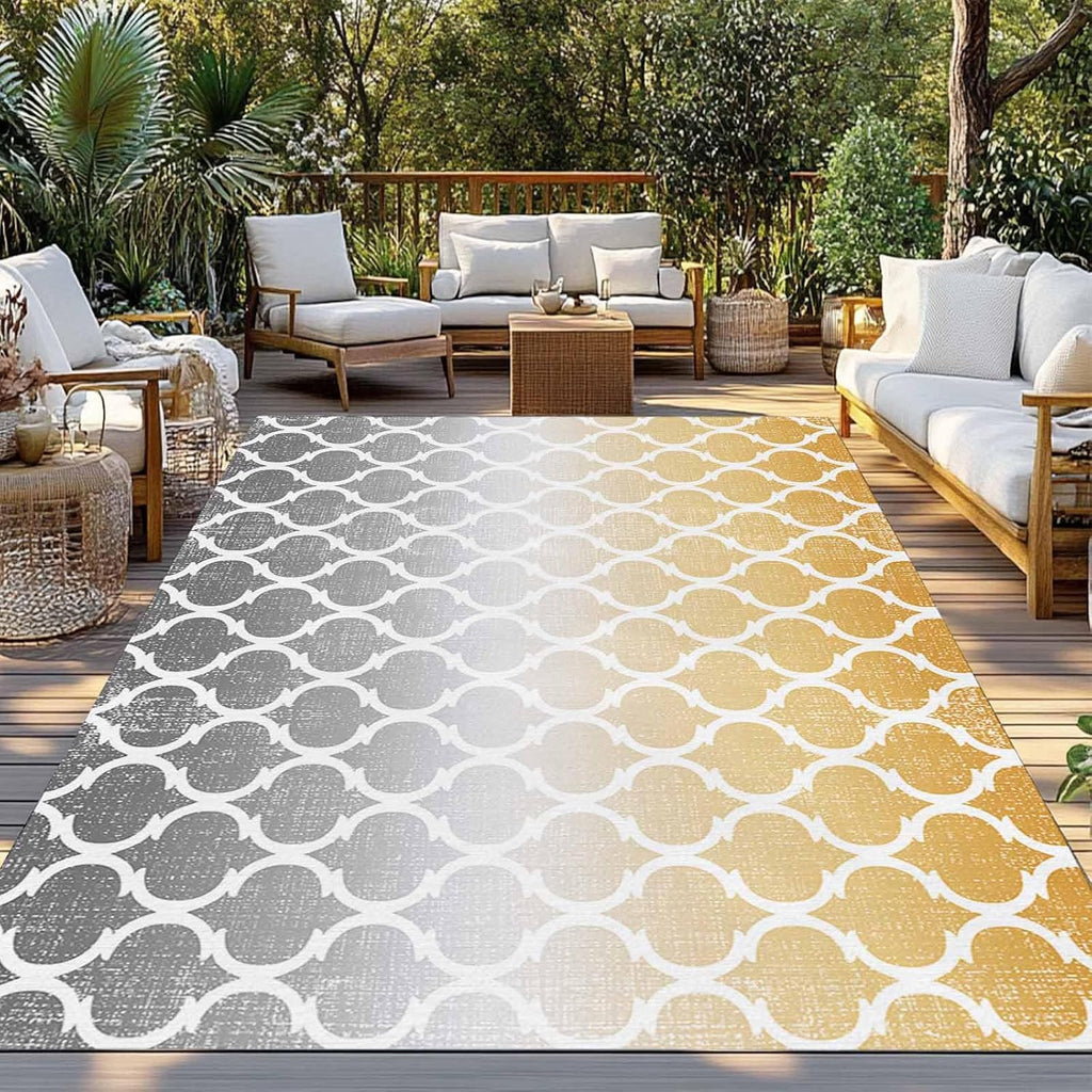 Outdoor Rug 4x6ft Morocco Pattern Ombre Yellow Grey Patio Area Rugs Waterproof Easy Cleaning Non Shedding Thick Mats Art Carpet for Indoor Outdoor Porch Deck Backyard Balcony
