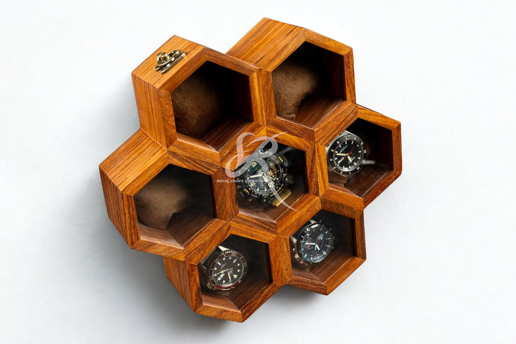 Royal Craft Expertise 7-Slot Honeycomb Wooden Watch Box – Handcrafted Indian Rosewood Timepiece Display Case | Unique Multipurpose Design with Glass Lid – Luxury Gift for Him