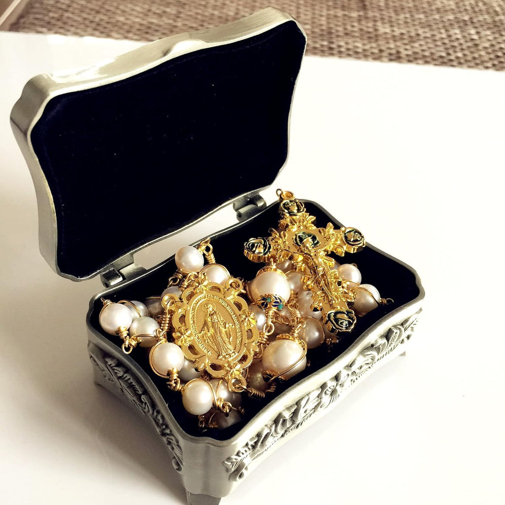elegantmedical HANDMADE ROSARY Gold plated Wire Wrapped Bead AAA+ White Real Pearl Catholic Necklace Cross Gift Box