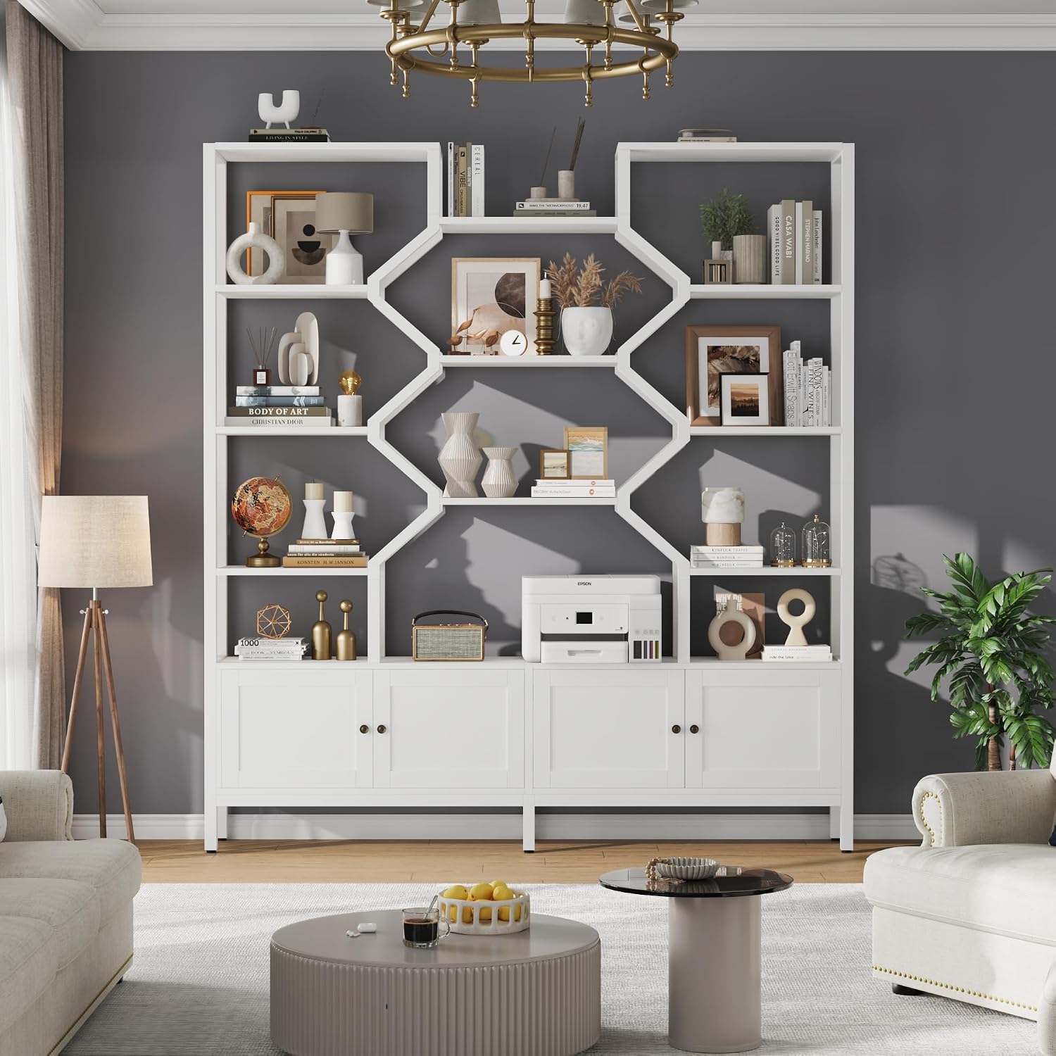 Keyluv Tall 5-Tier Bookshelf with 4 Large Storage Cabinet, 74.2' W x 76.5' H Etagere Bookcase 14 Open Display Standing Shelves with Metal Frame for Living Room, Dining Room, White