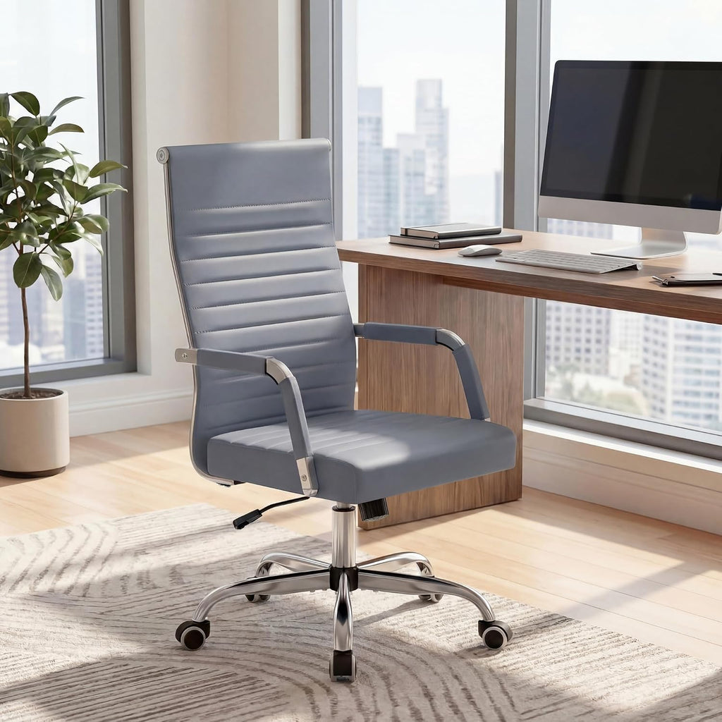 Furmax Ergonomic Office Desk Chair, Executive Ribbed Mid-Back PU Leather Conference Room Chair Adjustable Swivel Chair with Arms (2, Grey)