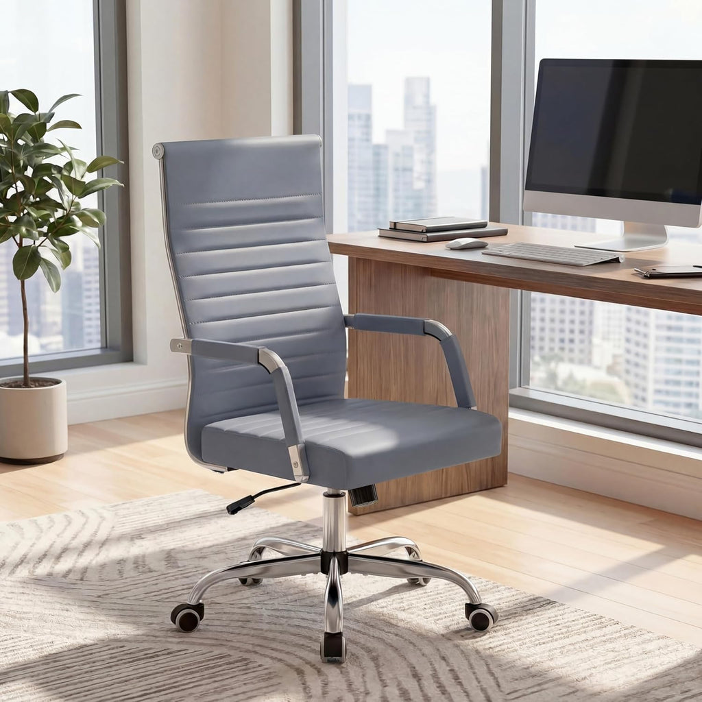 Furmax Ergonomic Office Desk Chair, Executive Ribbed Mid-Back PU Leather Conference Room Chair Adjustable Swivel Chair with Arms (4, Grey)