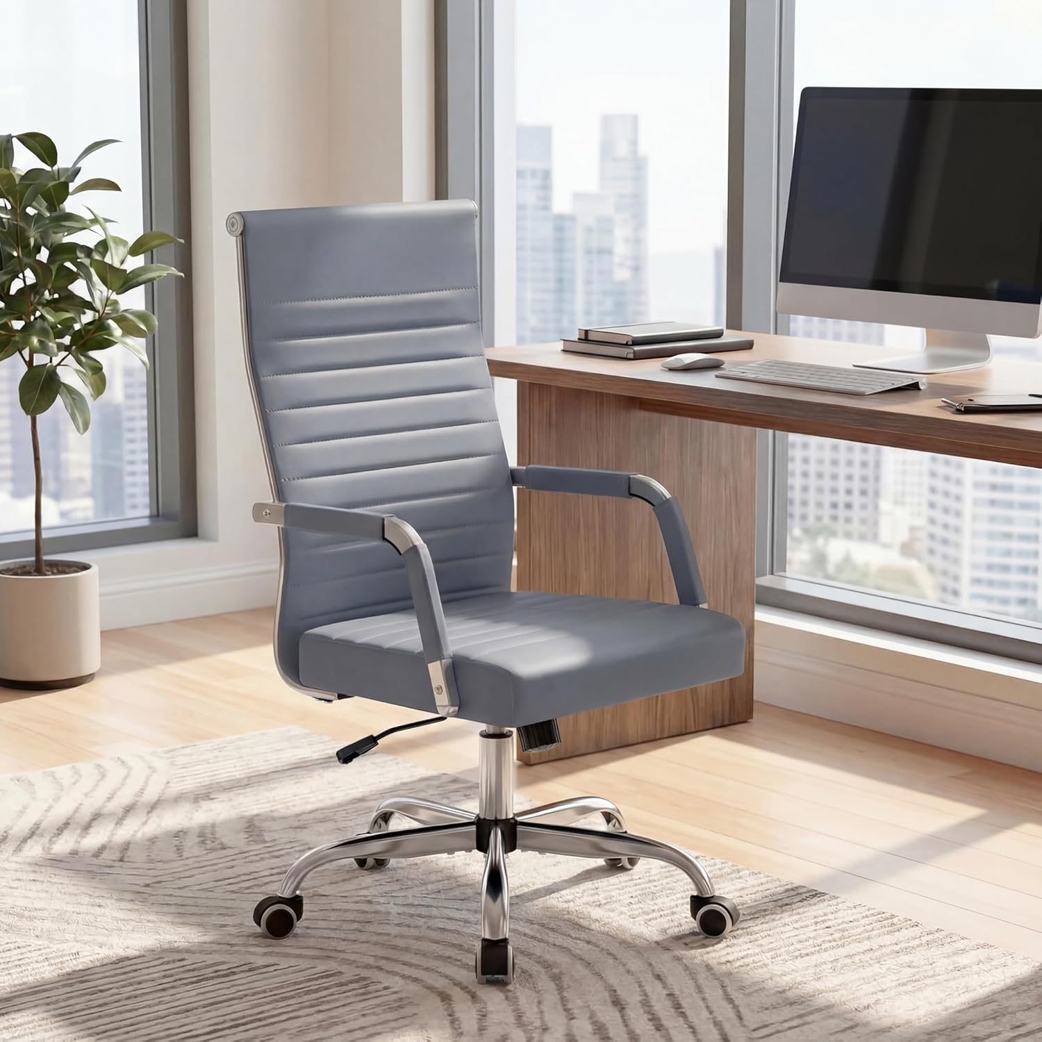 Furmax Ergonomic Office Desk Chair, Executive Ribbed Mid-Back PU Leather Conference Room Chair Adjustable Swivel Chair with Arms (4, Grey)