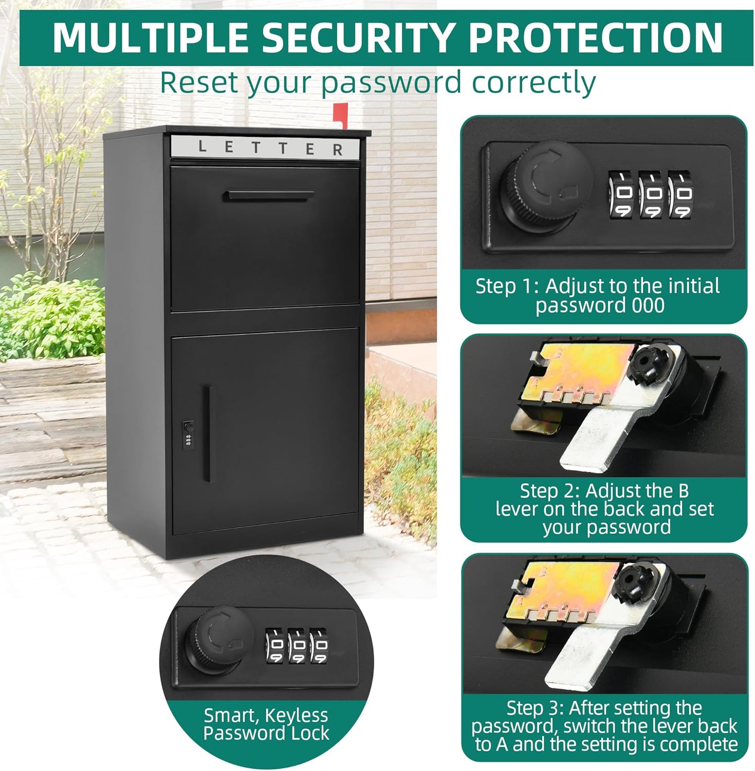 YITAHOME 35' H Package Delivery Boxes for Outside with Mail Slot, Sliding & Password Lock Door, 19' x 15.8' x 35' Anti-Theft Parcel Drop Box for Outdoor, Home, Office, School, Curbside & Porch, Black