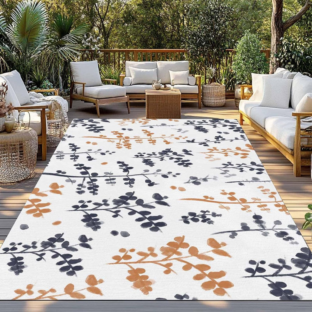 Outdoor Rug 4x6ft Black Orage Leaves Abstract Herb Patio Area Rugs Waterproof Easy Cleaning Non Shedding Thick Mats Country Carpet for Indoor Outdoor Porch Deck Backyard Balcony