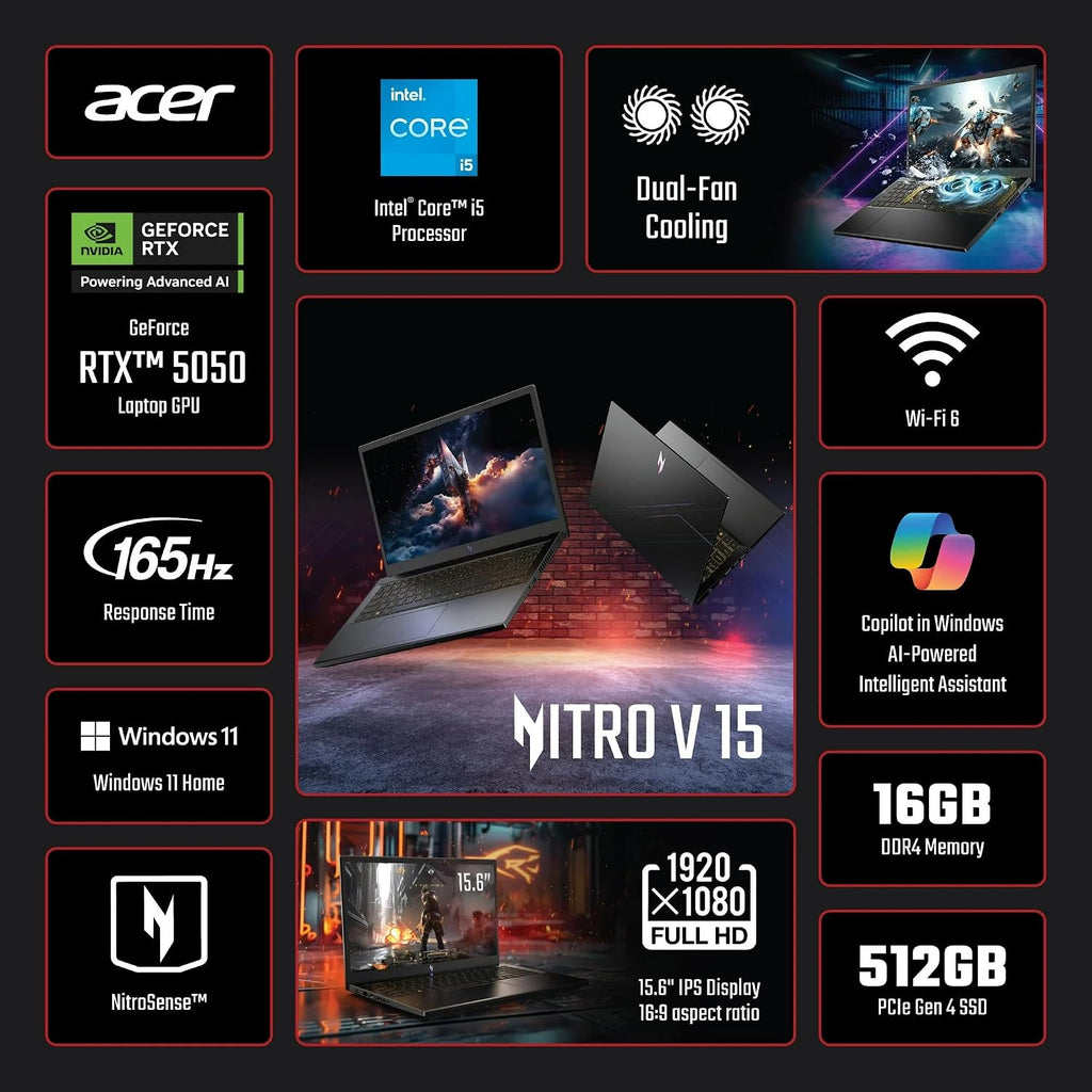 acer Nitro V Gaming Laptop, 15.6' FHD IPS Display, 165Hz, Intel i5-13420H, NVIDIA GeForce RTX 5050 with 8GB GDDR7 VRAM, 16GB RAM, 512GB SSD, BK, Win11H, Obsidian Black, TWE Accessories