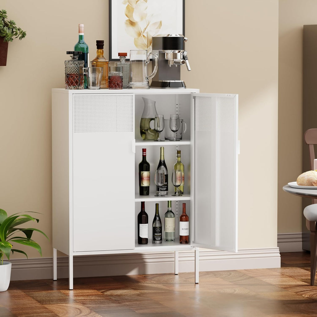 Chshin Metal Storage Cabinet,Kitchen Pantry Storage Cabinets with Doors,Buffet Cabinet with 2 Adjustable Shelves,White Pantry Cabinets,Steel Sideboard for Home,Shoes,Office,Dining Room