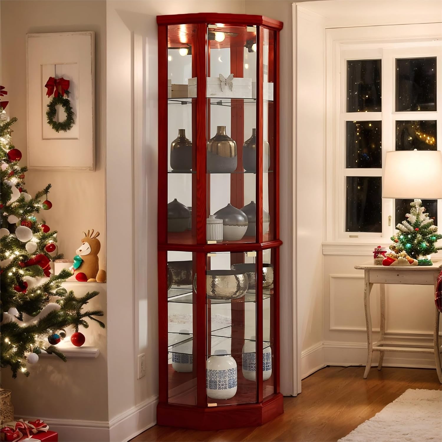 Corner Curio Cabinet, 70' Tall Lighted Glass Display Cage with Tempered Glass Doors and 5 Adjustable Shelves, Wine Bar China Cabinet for Living Room (E26 Bulb Not Inclued) (Cherry & Style 2)