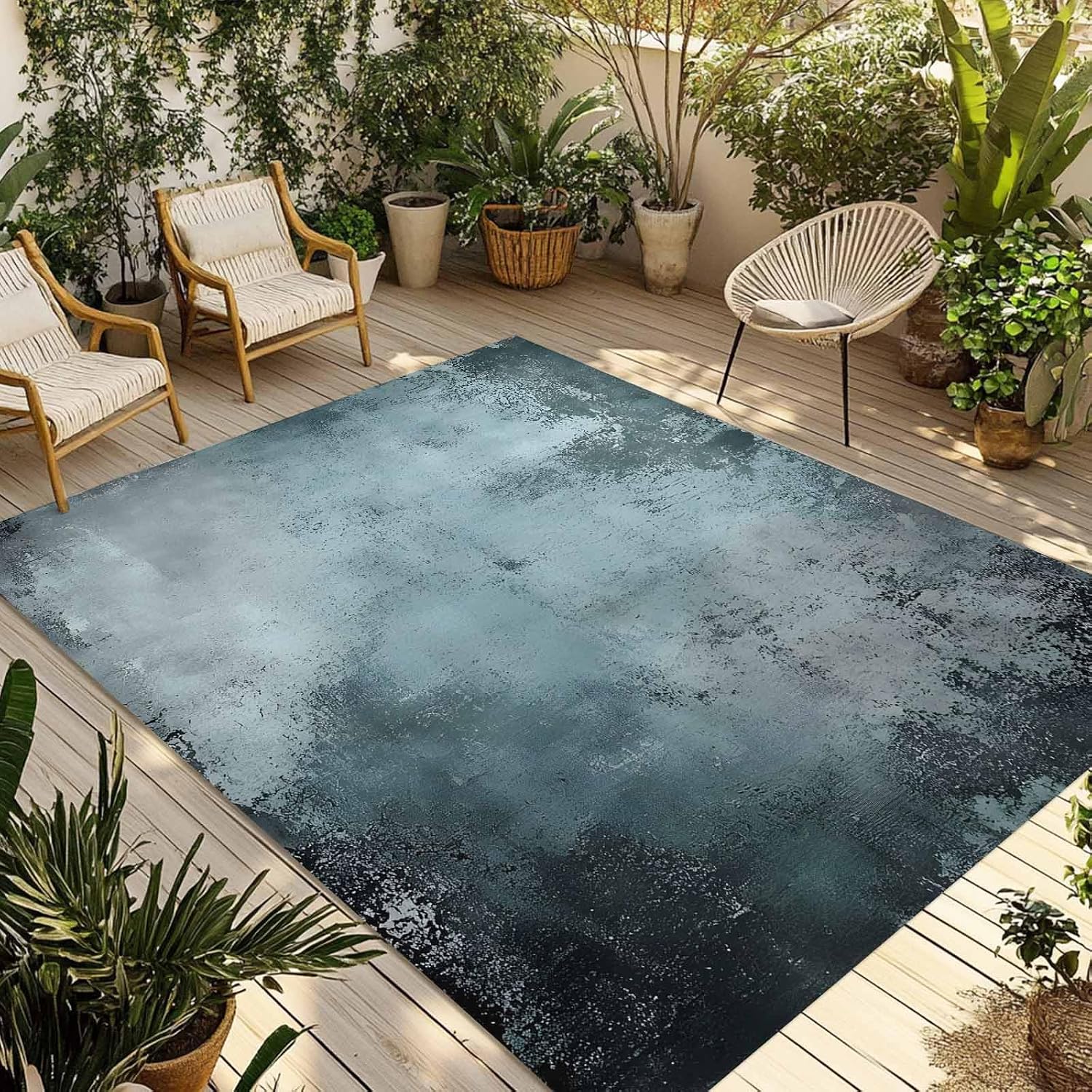 Outdoor Rug 4x6ft Shabby Chic Teal Colored Artwork Patio Area Rugs Waterproof Easy Cleaning Non Shedding Thick Mats Abstract Carpet for Indoor Outdoor Porch Deck Backyard Balcony