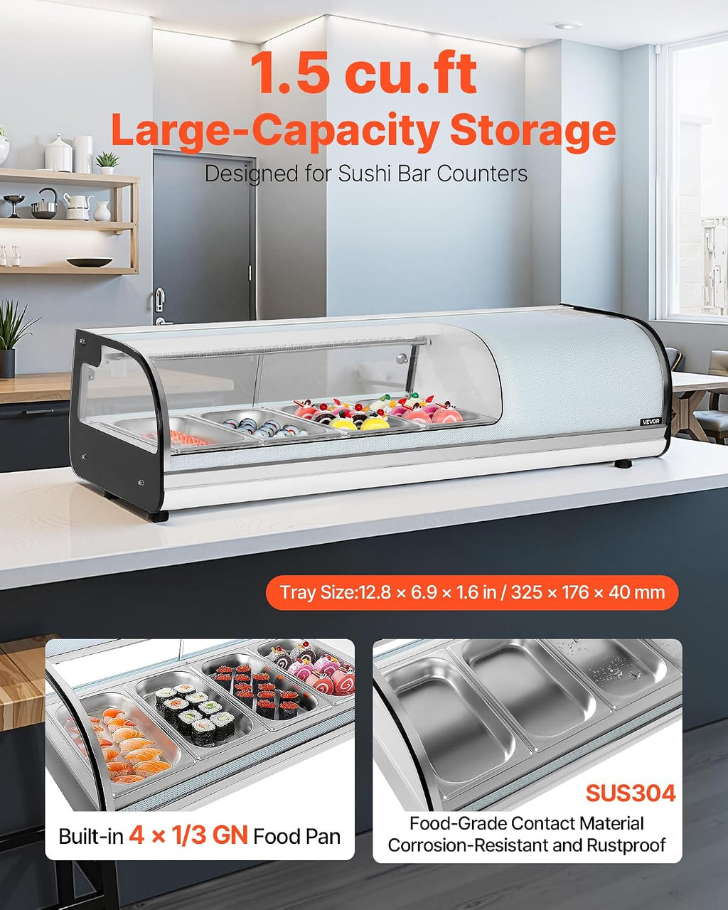 VEVOR Sushi Display Case Refrigerator, 1.5 Cu.ft Commercial Sushi Case, 4-Pan Countertop Showcase with Curved Glass, LED Lighting, and Digital Temperature Control, for Sushi-Bar, Restaurant, Store