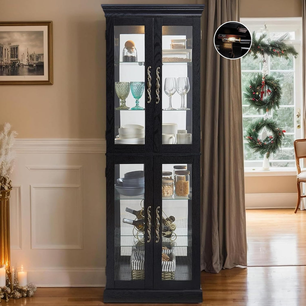 71' Lighted Curio Cabinet with 6 Adjustable Shelves, Vintage Glass Display Case, Tempered Glass Doors, Tall Wine Bar Cabinet for Living Room Liquor Storage, Bulb Included (Black & Square)