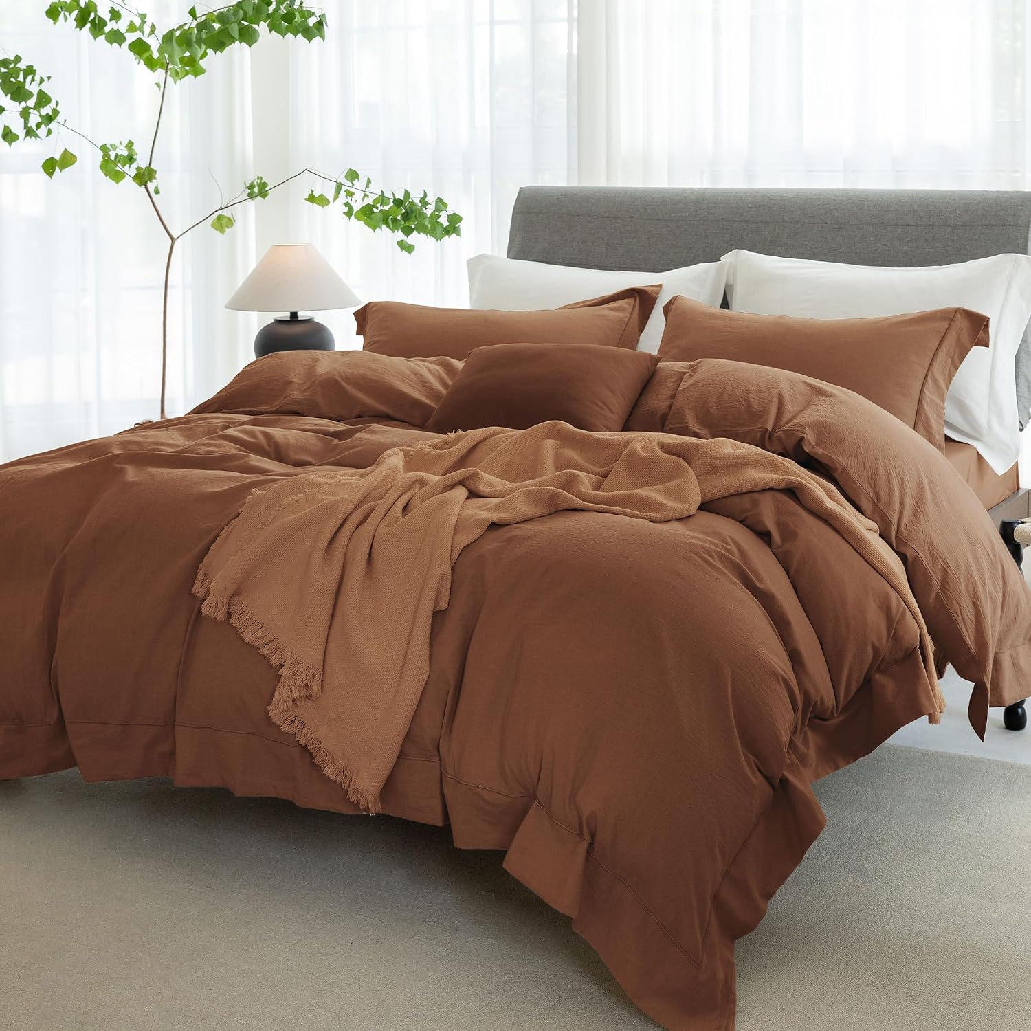 Cooling Duvet Cover Set 3 Pieces-100% Washed Cotton with Chic Wide Trim Design Linen Like Textured Ultra Soft Cozy Bedding with Zipper Closure(Hemmed Dark Orange,Oversized King 120'x98')