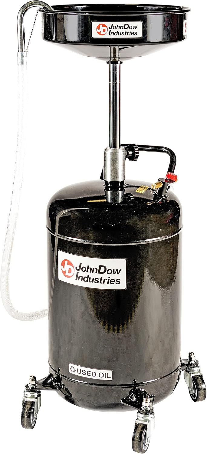 JohnDow Industries JDI-18DC 18-Gallon Self-Evacuating Portable Oil Drain with Auto-Check Technology, Adjustable 36-59' Height, 16' Funnel & 6' Hose – Heavy-Duty Waste Oil Drain for Auto Shops