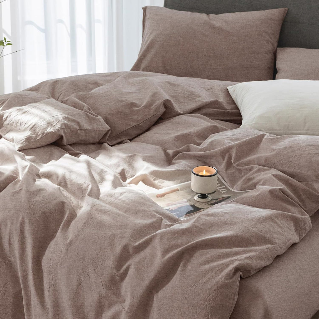 Super King Plus Cooling Duvet Cover Set - 3 Pieces 100% Cotton Bedding, Breathable, Crisp Linen-Like Texture, Naturally Soft & Gets Better，Hidden Zipper & Corner Ties – Mauve Brown, 120'x120'