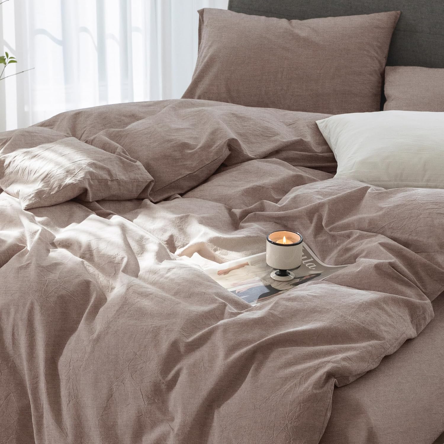 Super King Plus Cooling Duvet Cover Set - 3 Pieces 100% Cotton Bedding, Breathable, Crisp Linen-Like Texture, Naturally Soft & Gets Better，Hidden Zipper & Corner Ties – Mauve Brown, 120'x120'