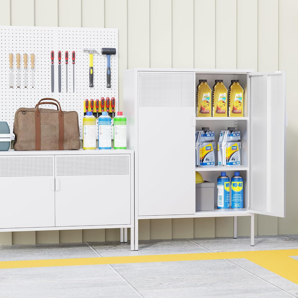 Chshin Metal Storage Cabinet,Kitchen Pantry Storage Cabinets with Doors,Buffet Cabinet with 2 Adjustable Shelves,White Pantry Cabinets,Steel Sideboard for Home,Shoes,Office,Dining Room