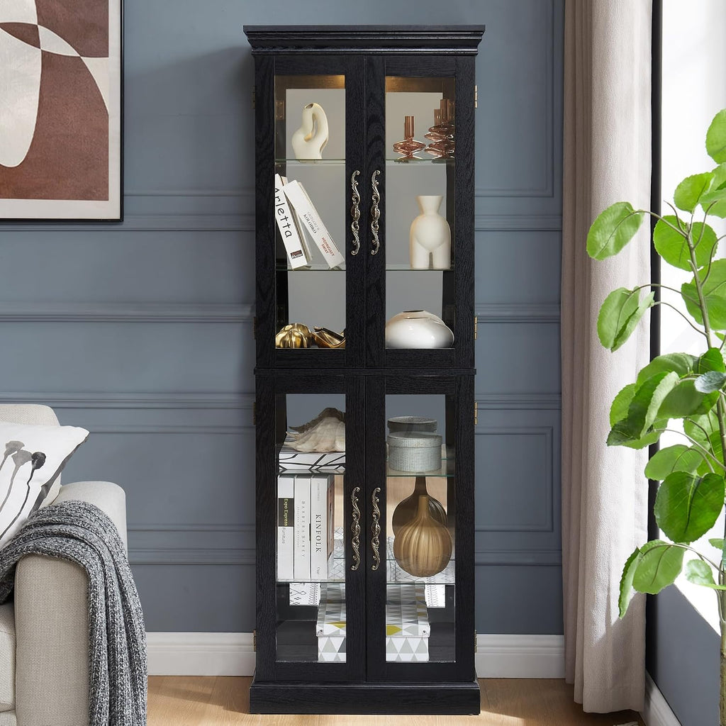Lighted Curio Cabinet 71' Vintage Glass Display Case with Adjustable Shelves, 4 Tempered Glass Doors, Bulb Included, Wooden Square Wine Bar China Cabinet for Living Room Liquor Storage (Black)