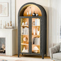 71'H Arched Storage Cabinet with Glass Doors, Modern Display Cabinet with 3 Color Light & Human Body Sensor, 5 Tier Kitchen Pantry Cupboard for Living Room, Dining Room, Black & Oak