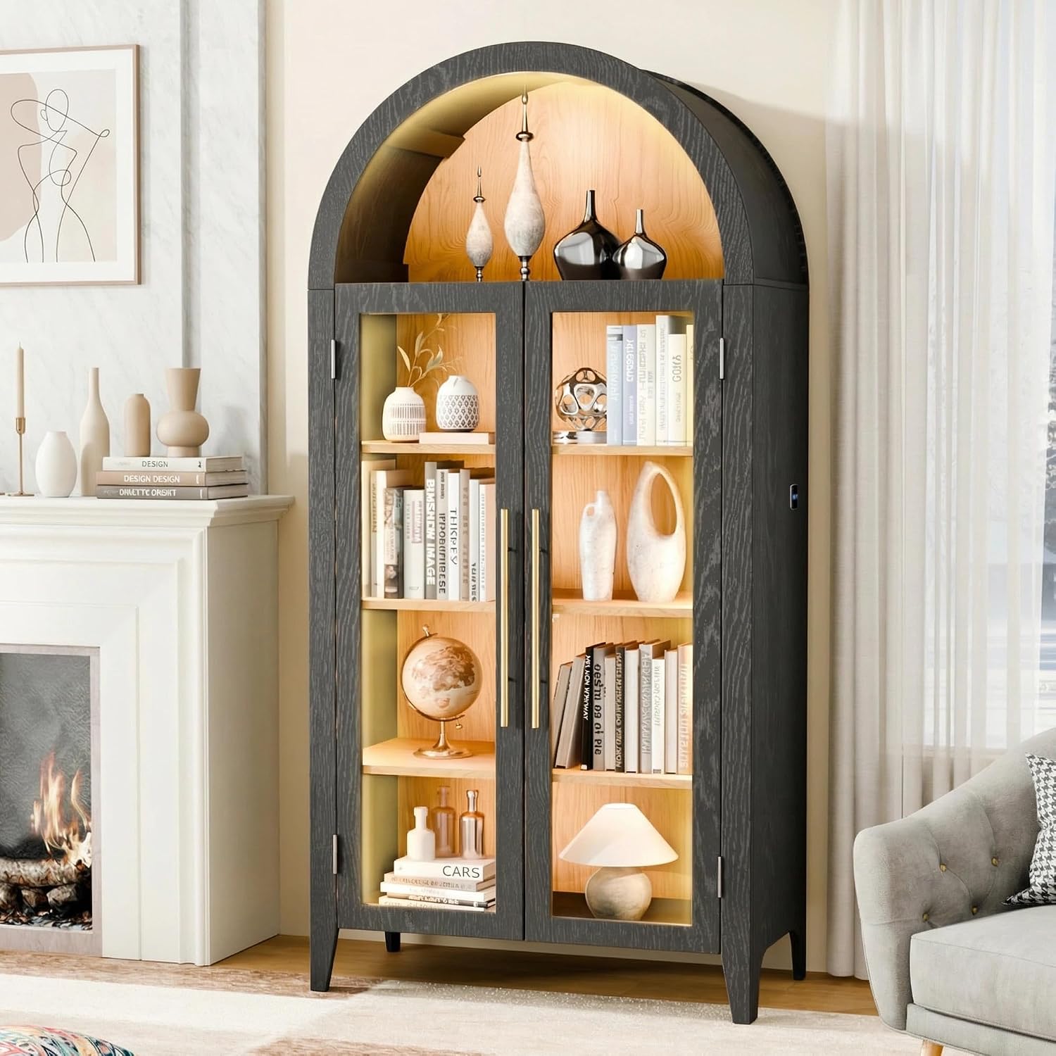 71'H Arched Storage Cabinet with Glass Doors, Modern Display Cabinet with 3 Color Light & Human Body Sensor, 5 Tier Kitchen Pantry Cupboard for Living Room, Dining Room, Black & Oak