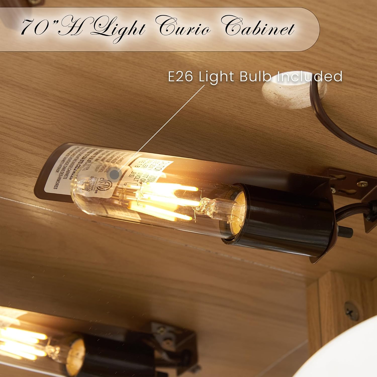 Corner Curio Cabinet, 70' H Lighted Glass Display Cage with Tempered Glass Doors and 5 Adjustable Shelves, Light Bulb Inclued, Wine Bar China Cabinet for Living Room (Light Oak)