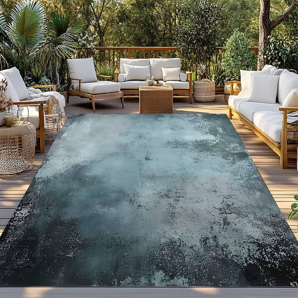 Outdoor Rug 4x6ft Shabby Chic Teal Colored Artwork Patio Area Rugs Waterproof Easy Cleaning Non Shedding Thick Mats Abstract Carpet for Indoor Outdoor Porch Deck Backyard Balcony