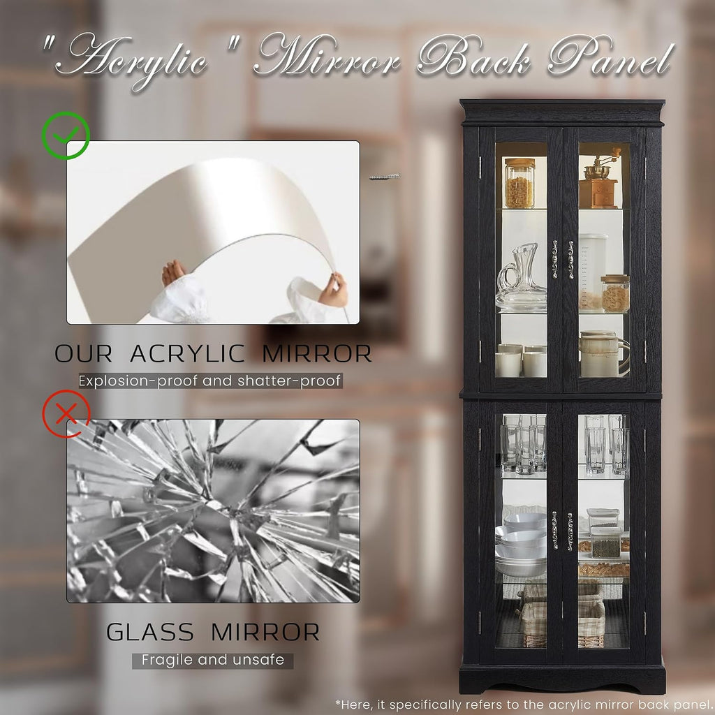 71' Lighted Curio Cabinet with 6 Adjustable Shelves, Vintage Glass Display Case, Tempered Glass Doors, Tall Wine Bar Cabinet for Living Room Liquor Storage, Bulb Included (Black & Arched bottom)