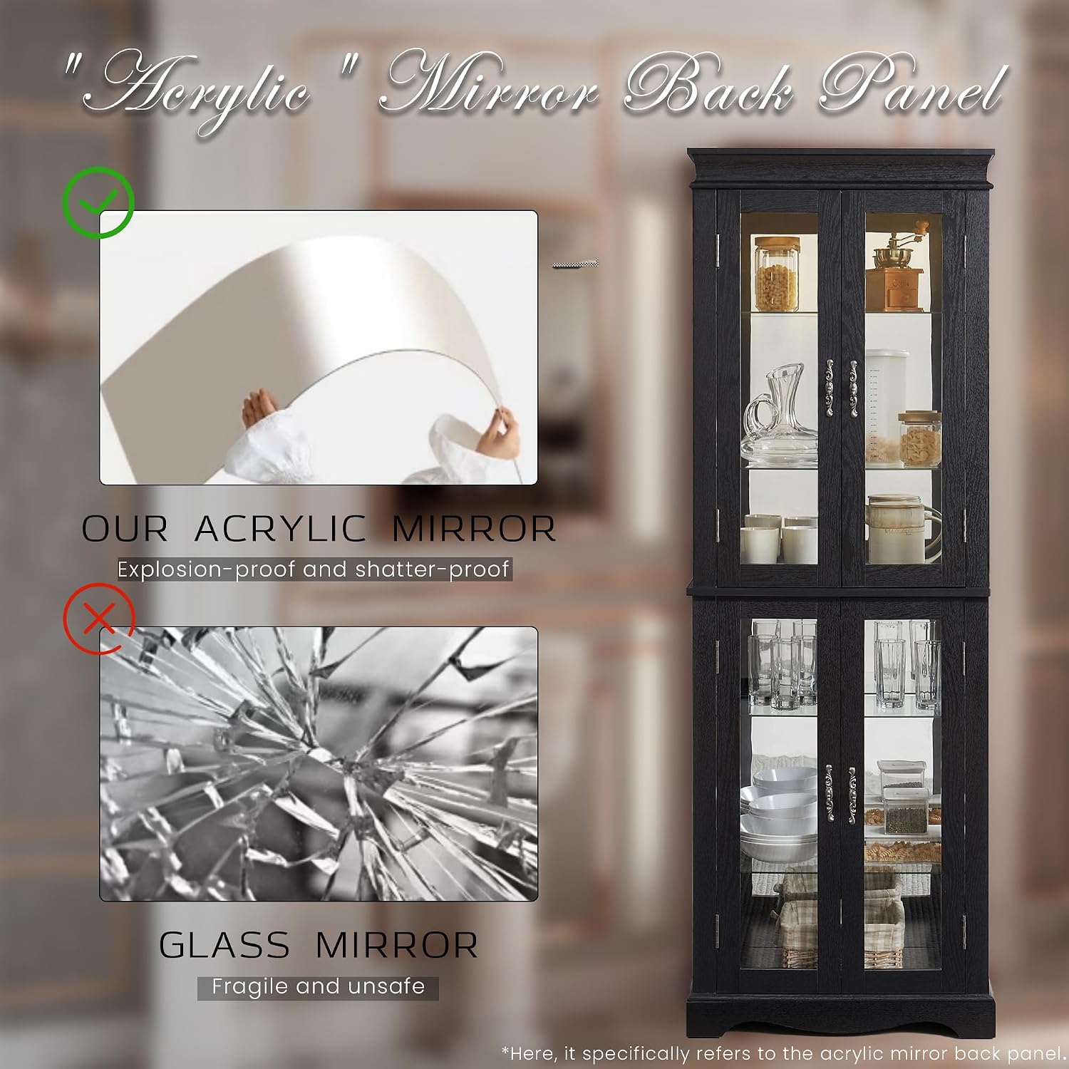 71' Lighted Curio Cabinet with 6 Adjustable Shelves, Vintage Glass Display Case, Tempered Glass Doors, Tall Wine Bar Cabinet for Living Room Liquor Storage, Bulb Included (Black & Arched bottom)