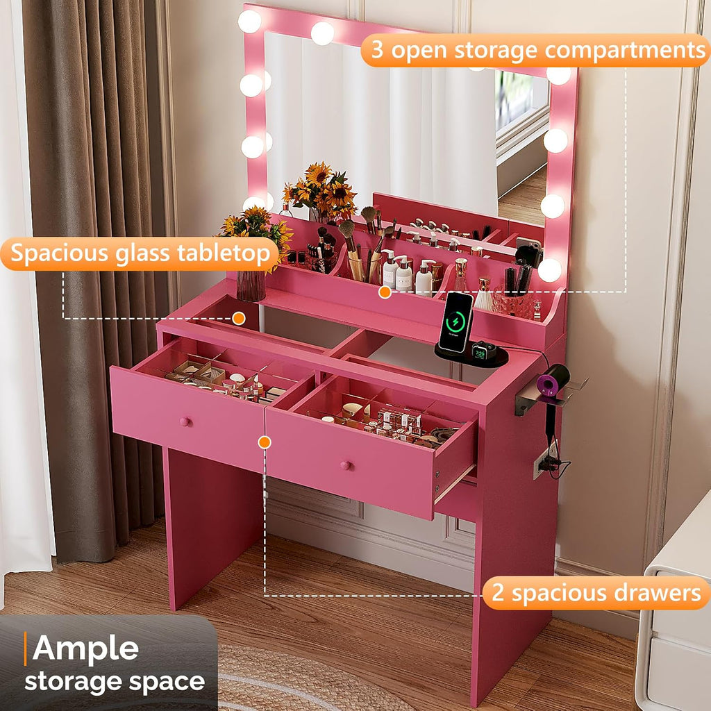 VINGLI Vanity Desk with Mirror and Adjustable Lights, Glass Top Makeup Vanity Table Built-in Power Outlets & Hairdryer Holder, Small Hot Pink Dressing Table w/Bulbs, Gifts for Girls, 31.5in