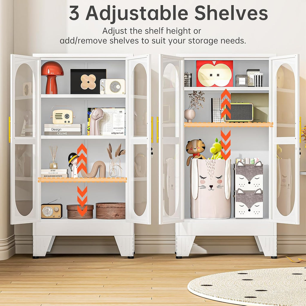47'H Metal Display Cabinet with Glass Door and Lock, Tall Storage Cabinet with 3 Adjustable Shelves, 4 Tier Liquor Cabinet Metal Curio Cabinet Multi-Purpose Display Case for Collectibles Living Room