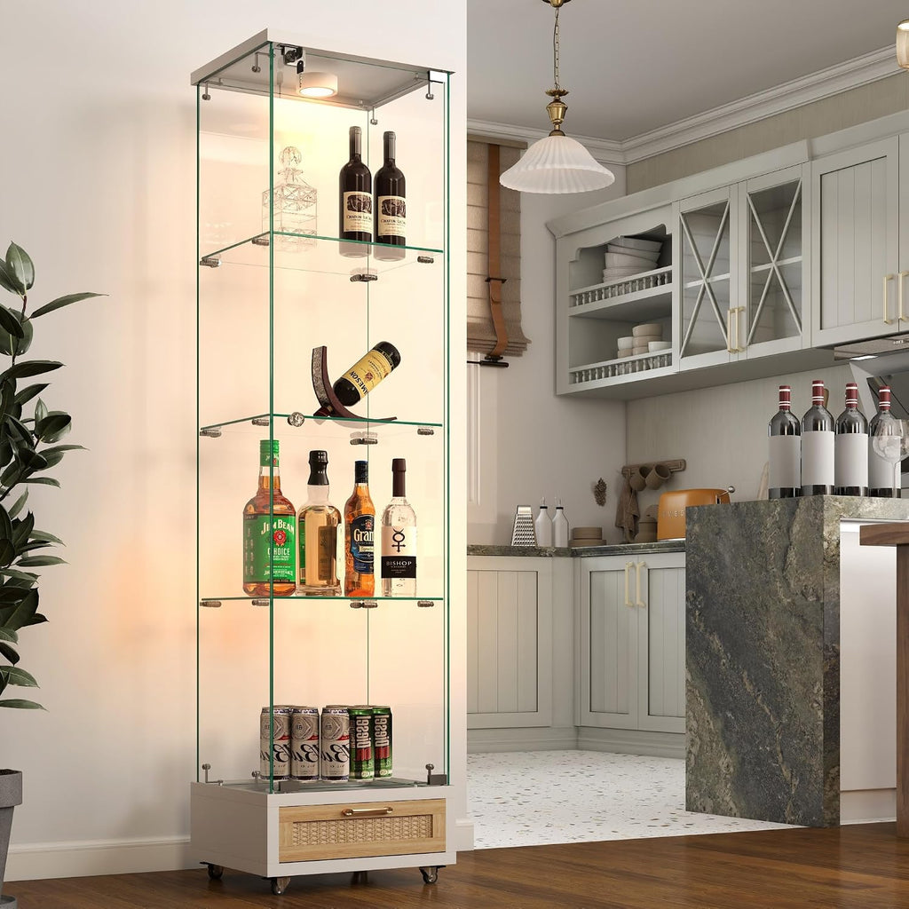 Modern Glass Display Cabinet with LED Light 4-Shelf Curio Cabinets with Rattan Drawer and Wheels,Tempered Glass Display Shelf Bookcase for Living Room Home Office