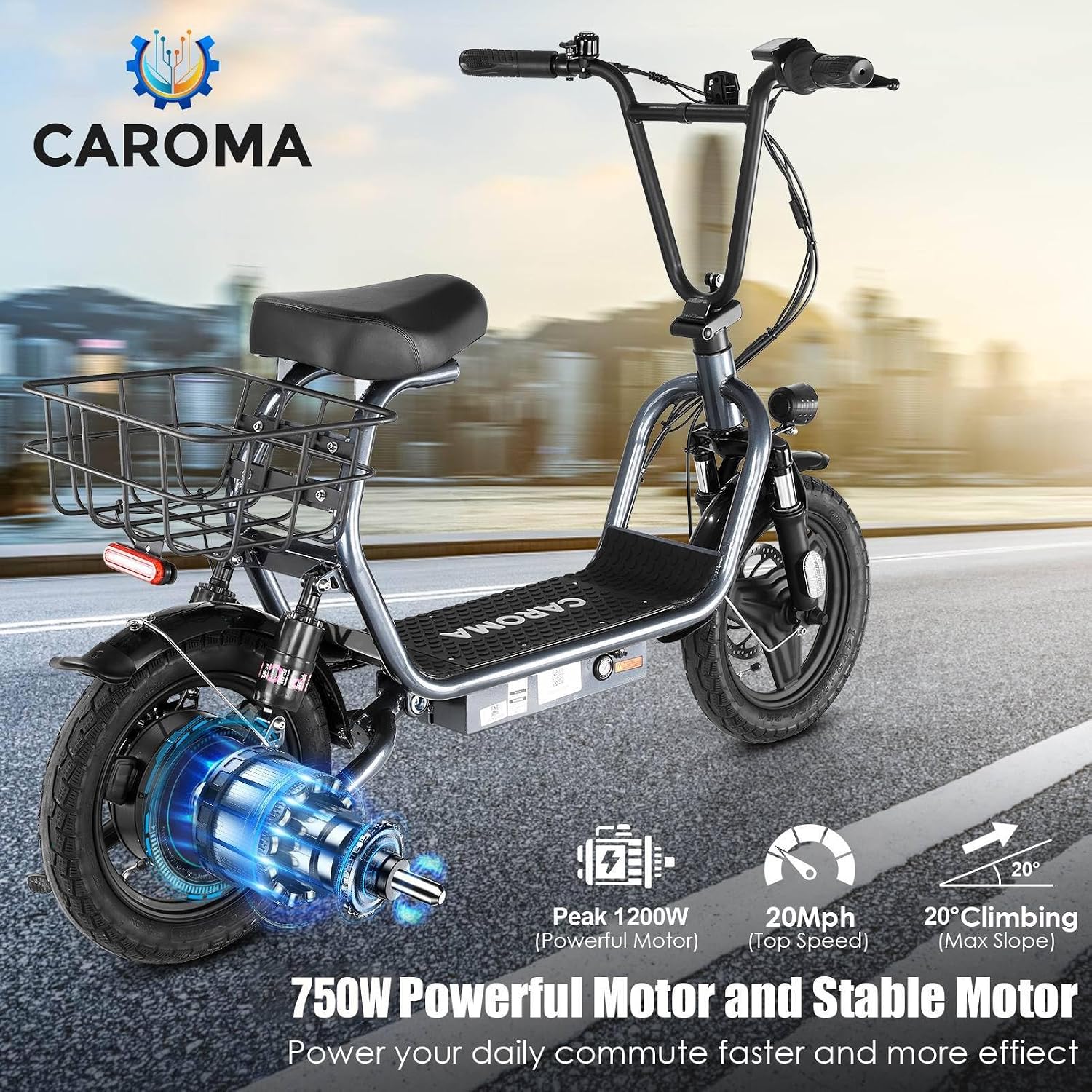 Caroma Peak 800W/1200W Electric Scooter with Seat, Max 20/30Miles&20MPH, 14' Tires Foldable Adult Electric Scooter with Basket for Pets & Cargo, Dual Shock Absorbing EScooter for Commuting