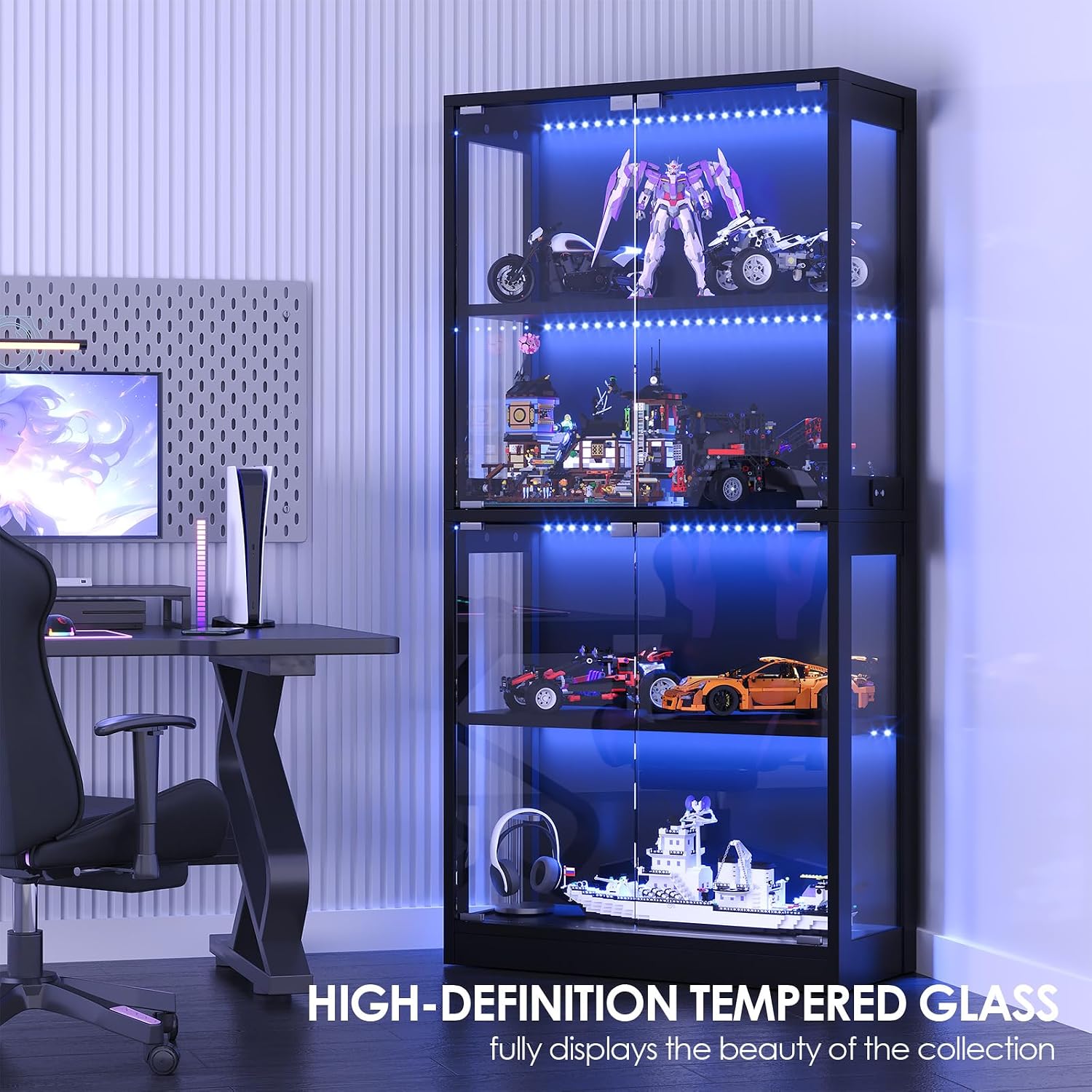 Display Cabinet with Glass Doors 4-Tier, Bookcase with Doors 7 Vibrant Colors 3 Dynamic Lighting Modes, HD Glass Storage Cabinet with Human Body Sensor for Curio, Trophy, Collectibles (Black)