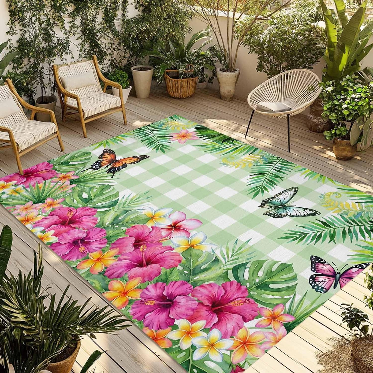 Outdoor Rug 5x8ft Tropical Plants Burmese Gardenia Flower Patio Area Rugs Waterproof Easy Cleaning Non Shedding Thick Mats Butterflies Carpet for Indoor Outdoor Porch Deck Backyard Balcony