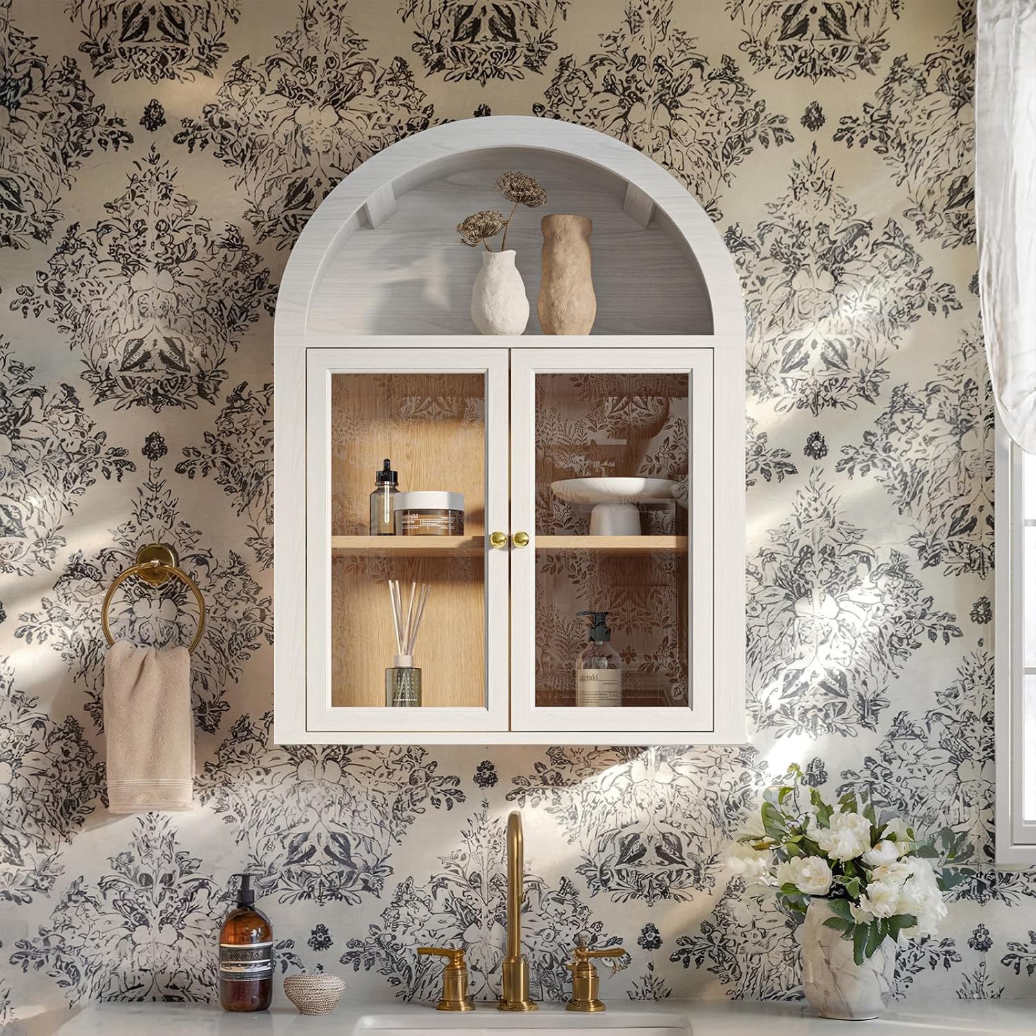 NEWOWNDS Arched Wall Cabinet,Glass Display Wall Mounted Cabinet with Tempered Glass Doors, Floating Cabinet with Adjustable Shelves for Bathroom,Living Room, Kitchen