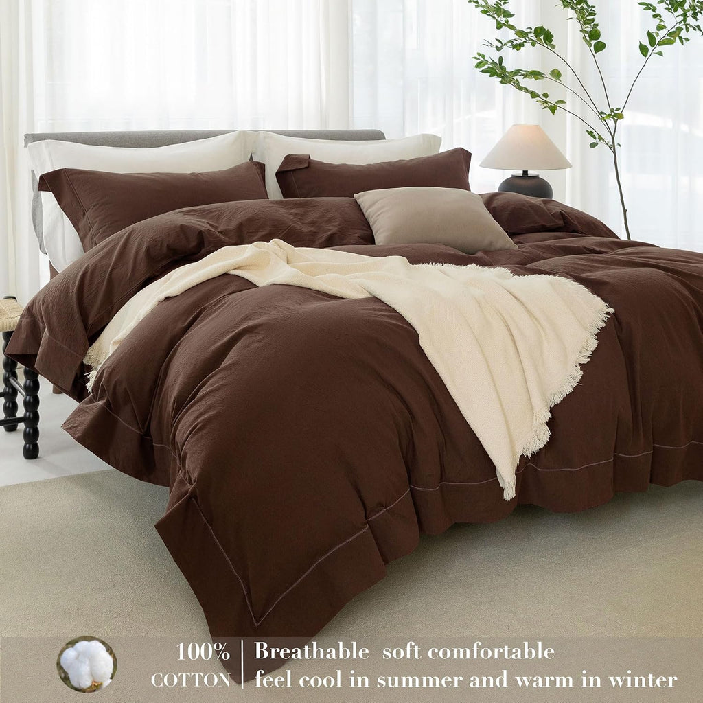Cooling Duvet Cover Set 3 Pieces-100% Washed Cotton with Chic Wide Trim Design Linen Like Textured Ultra Soft Cozy Bedding with Zipper Closure(Hemmed Cocoa Brown,Oversized King 120'x98')
