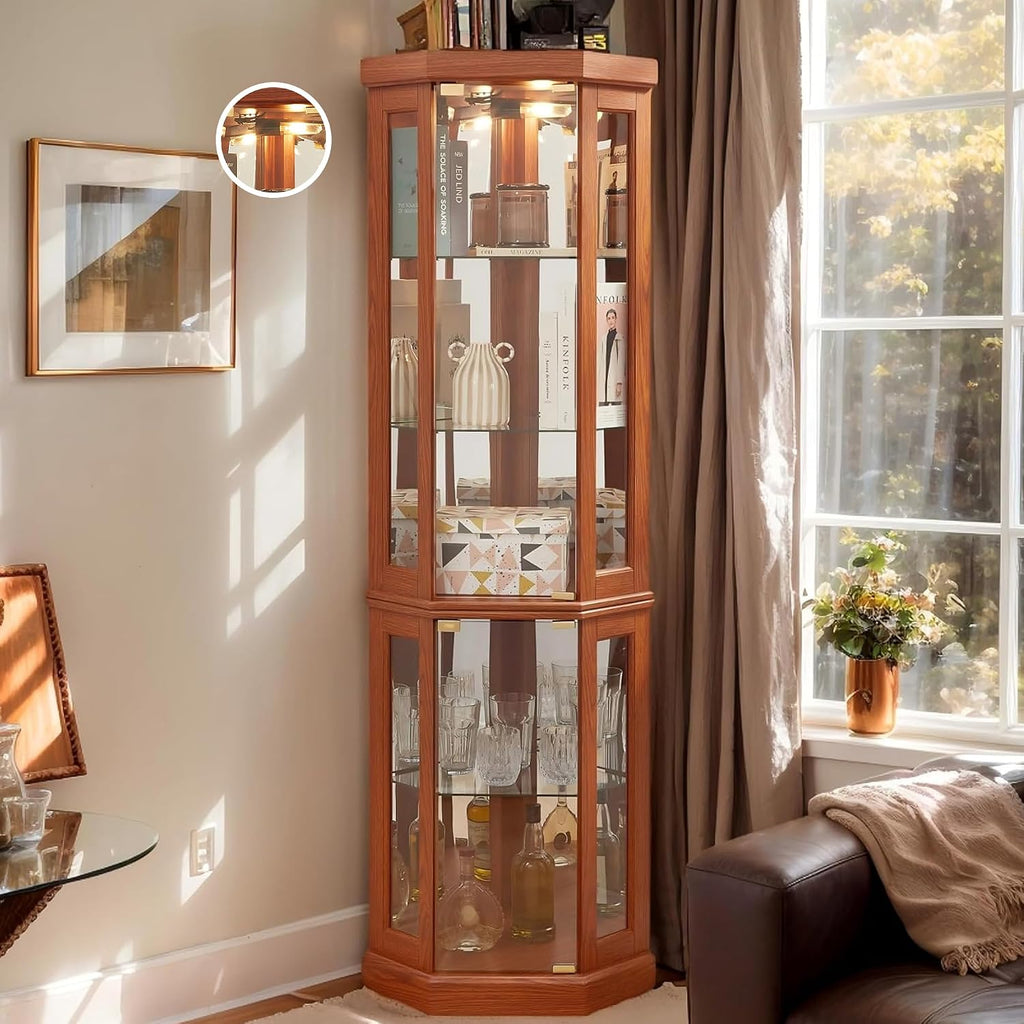 Corner Curio Cabinet, 70' H Lighted Glass Display Cage with Tempered Glass Doors and Adjustable Shelves, Bulb Inclued, Wine Bar China Cabinet for Living Room Liquor Storage (Dark Oak)