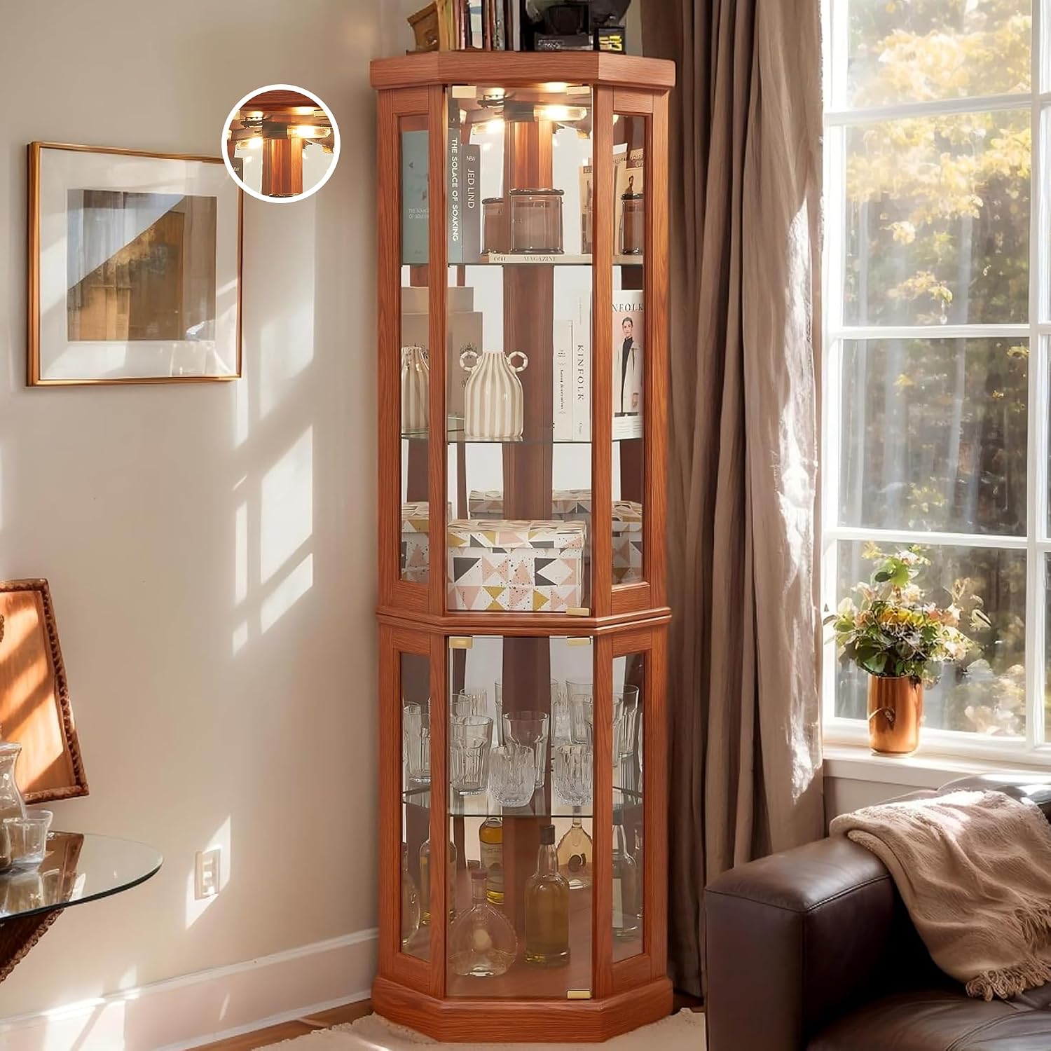 Corner Curio Cabinet, 70' H Lighted Glass Display Cage with Tempered Glass Doors and Adjustable Shelves, Bulb Inclued, Wine Bar China Cabinet for Living Room Liquor Storage (Dark Oak)