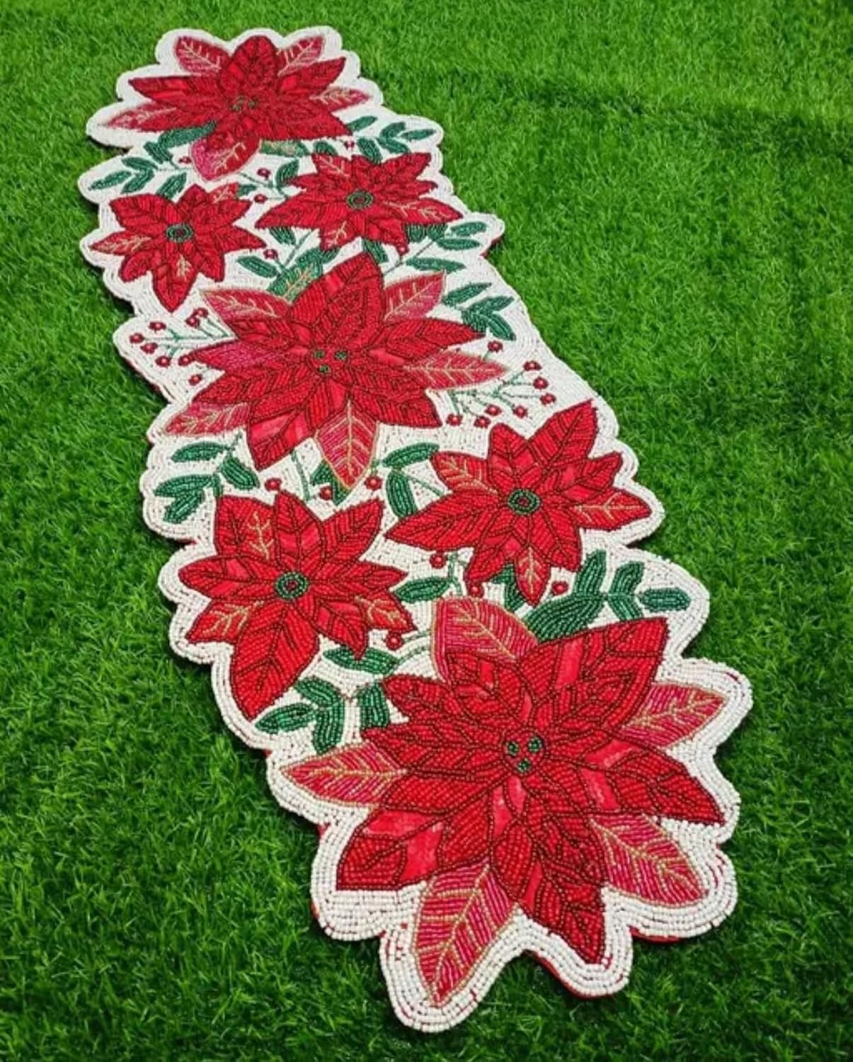 Beaded Poinsettia Table Runner, Red and White with Green Leaves, Christmas Holiday Decor