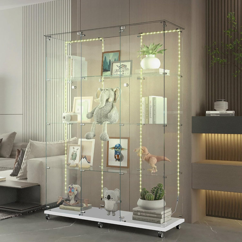 Modern Glass Display Cabinet 12-Shelf with LED Light,Lock and Wheels, 2 Door Curio Cabinets,Tempered Glass Collection Display Showcase for Living Room Home Office,46.8x13.5x64.8 H,White