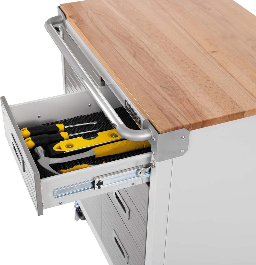 Seville Classics UltraHD Heavy Duty Rolling Cabinet Workbench Table w/Solid Wood Top, Workstation for Garage, Office, Workshop, Granite, 1-Door, 4-Drawer (28' W x 25' D)