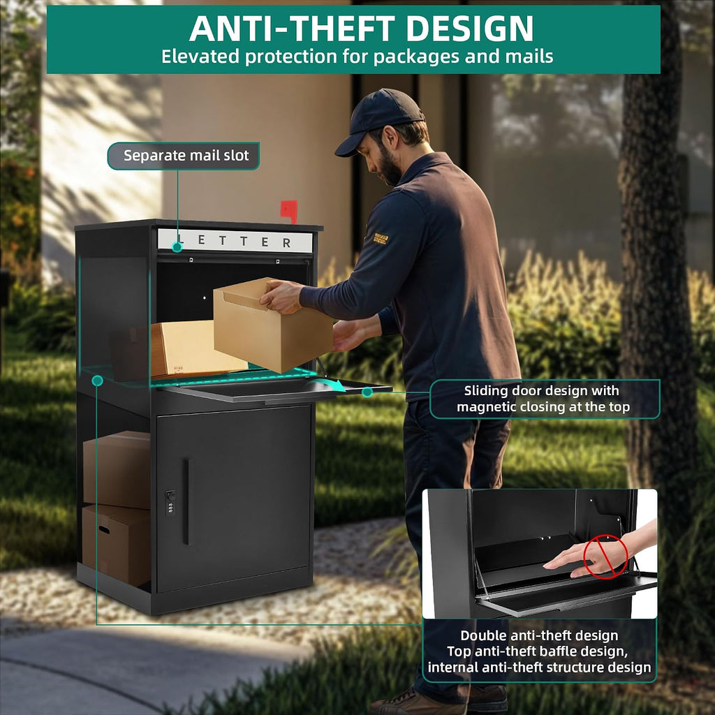 YITAHOME 35' H Package Delivery Boxes for Outside with Mail Slot, Sliding & Password Lock Door, 19' x 15.8' x 35' Anti-Theft Parcel Drop Box for Outdoor, Home, Office, School, Curbside & Porch, Black