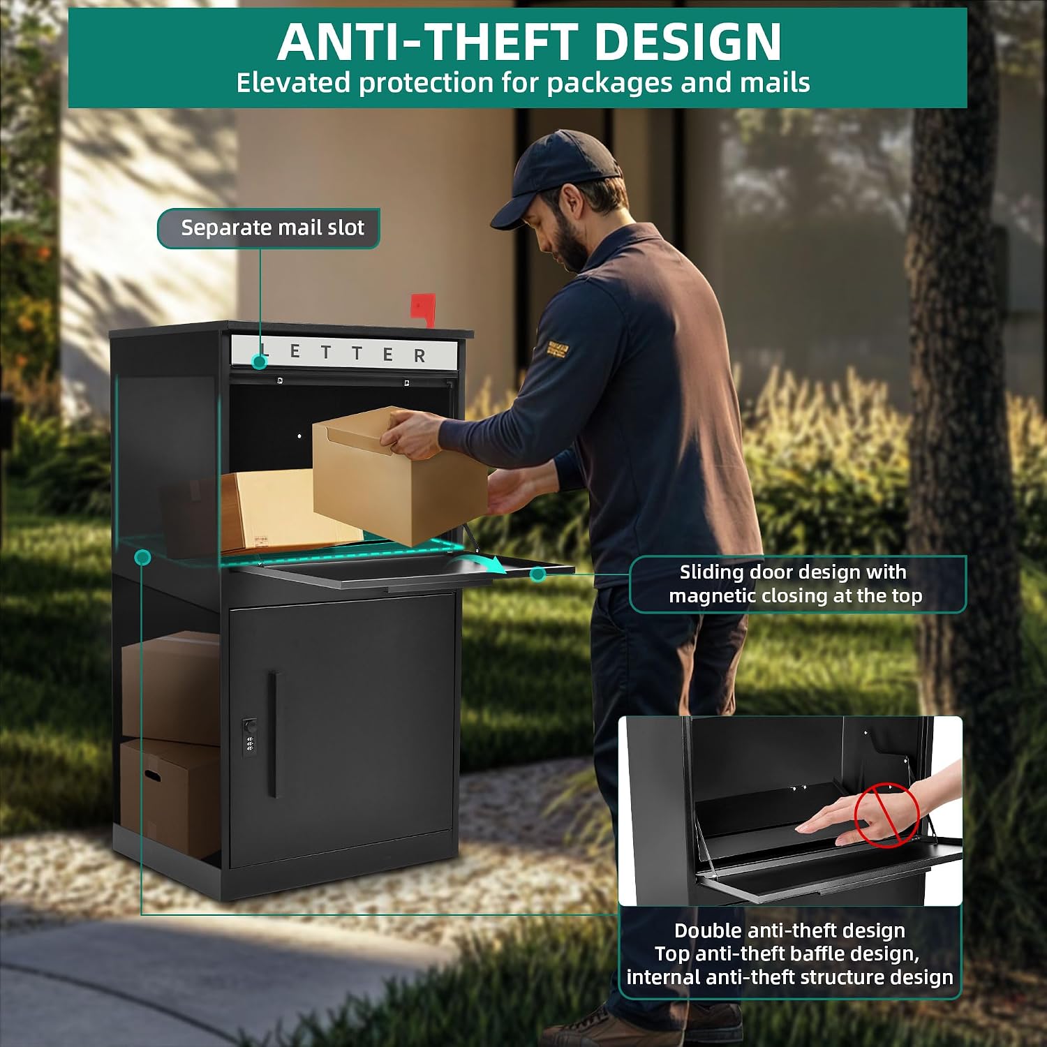 YITAHOME 35' H Package Delivery Boxes for Outside with Mail Slot, Sliding & Password Lock Door, 19' x 15.8' x 35' Anti-Theft Parcel Drop Box for Outdoor, Home, Office, School, Curbside & Porch, Black