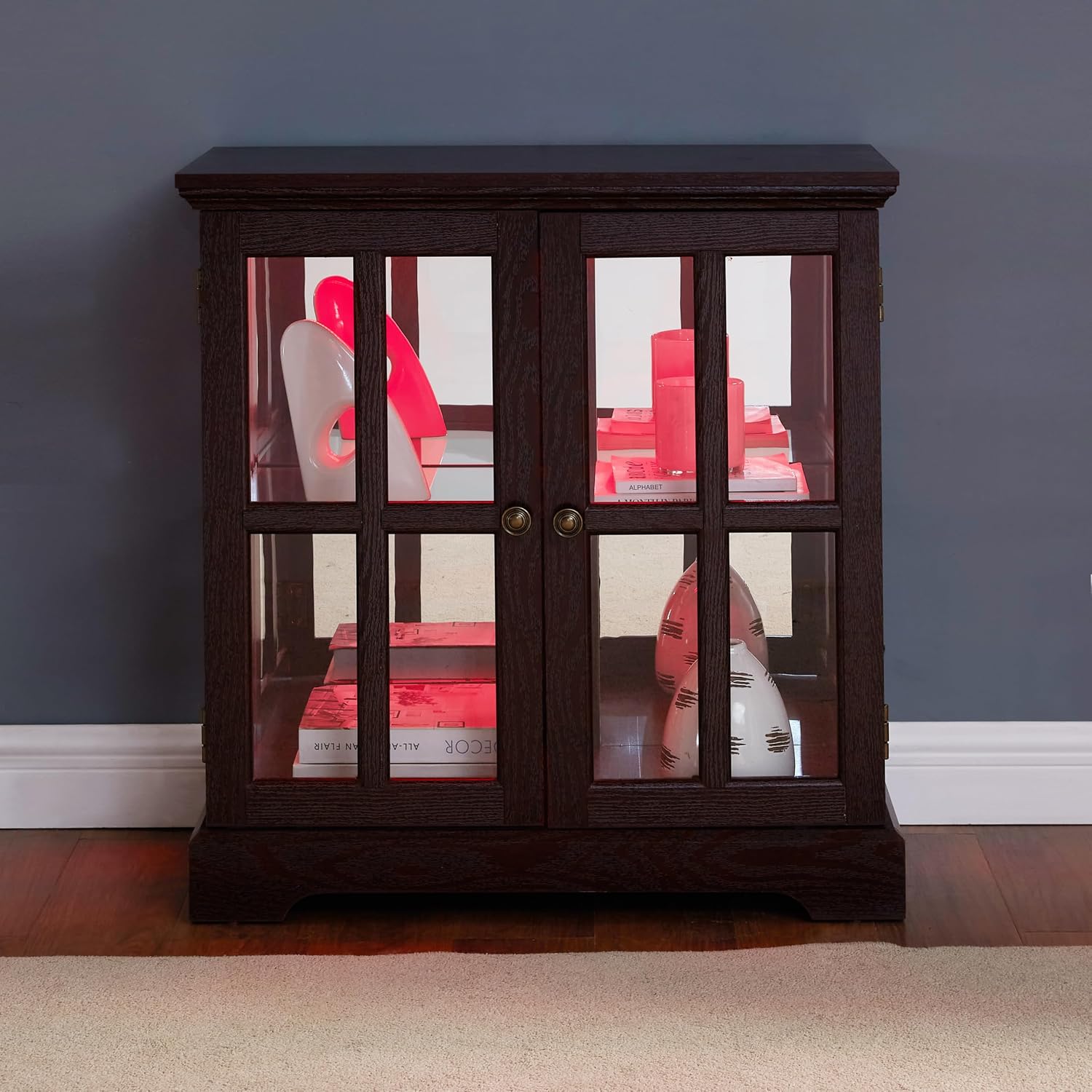 KEIKI Lighted Curio Cabinet, Glass Display Cabinet with 2 Doors & Adjustable Shelves, LED Light Strip, Cherry